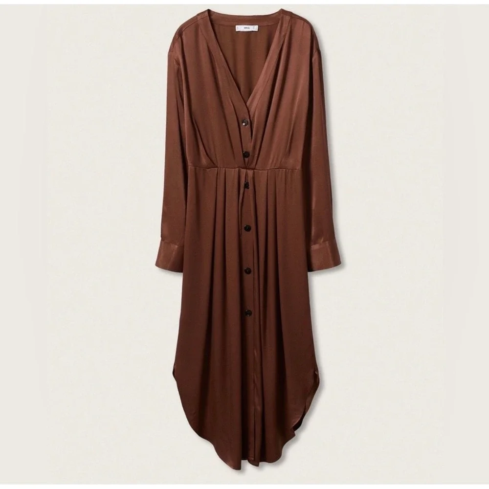 MNG Brown Satin Long Sleeve Button Front Midi Shirt Dress Size S - Picture 2 of 11